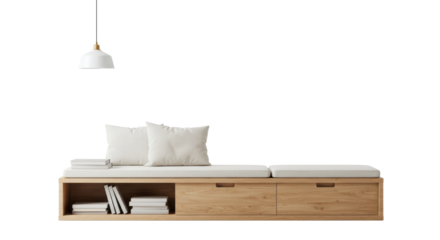 wooden bench with storage, cushions, and books under white pendant lamp. Modern interior furniture design. isolated  cutout,