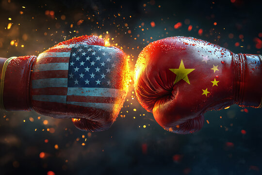 Usa and china boxing gloves colliding, symbolizing international conflict