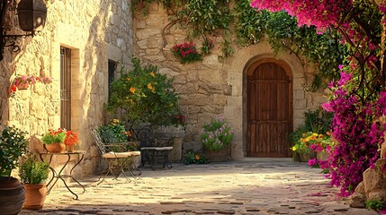 Charming courtyard oasis mediterranean villa visual art lush greens serene atmosphere tranquil escape