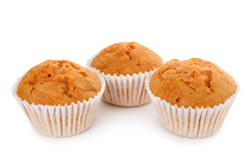Tasty sweet carrot muffins isolated on white