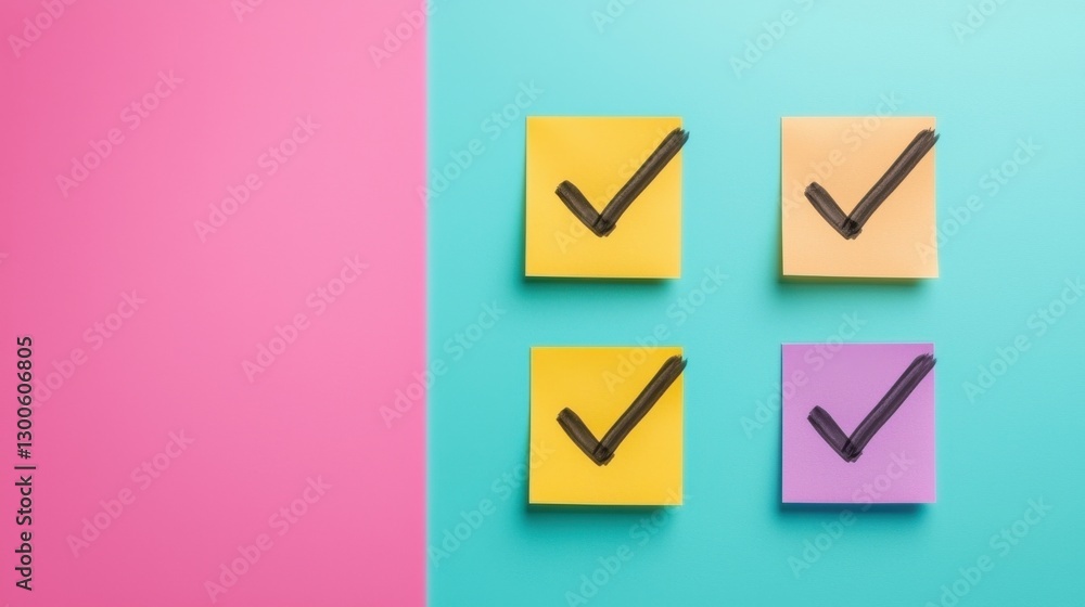 Poster check mark infographics concept. checkmarks on sticky notes signifying decisions choices and progres