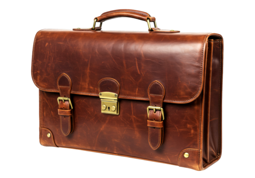 Brown leather briefcase isolated on transparent background