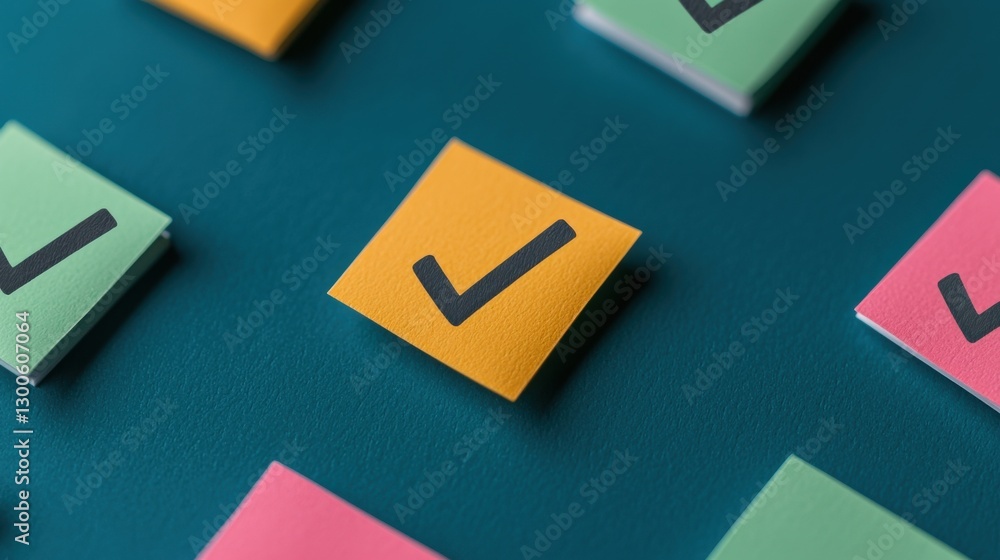 Poster check mark infographics concept. colorful mind map infographic with sticky notes and check marks