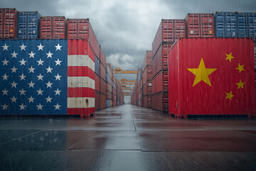 Usa and china flags on cargo containers during rain symbolizing trade war