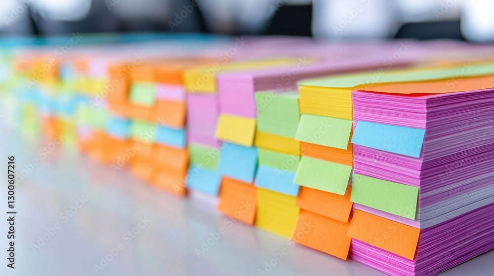 Poster check mark infographics concept. colorful notes arranged on workspace for project management