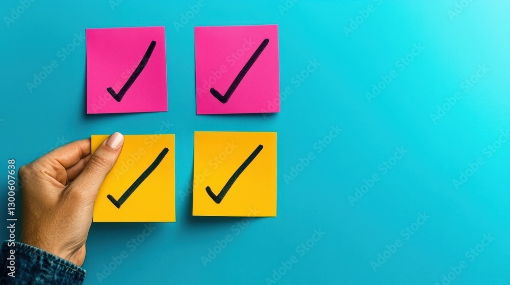 Poster check mark infographics concept. colorful sticky note task delegation infographic for organized work