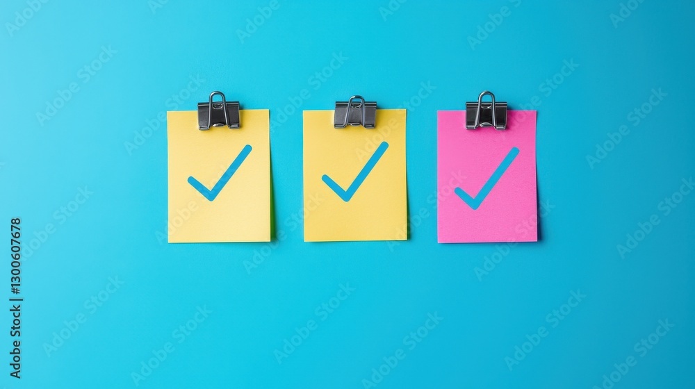 Poster check mark infographics concept. colorful to do checklist with sticky notes and binder clips for org