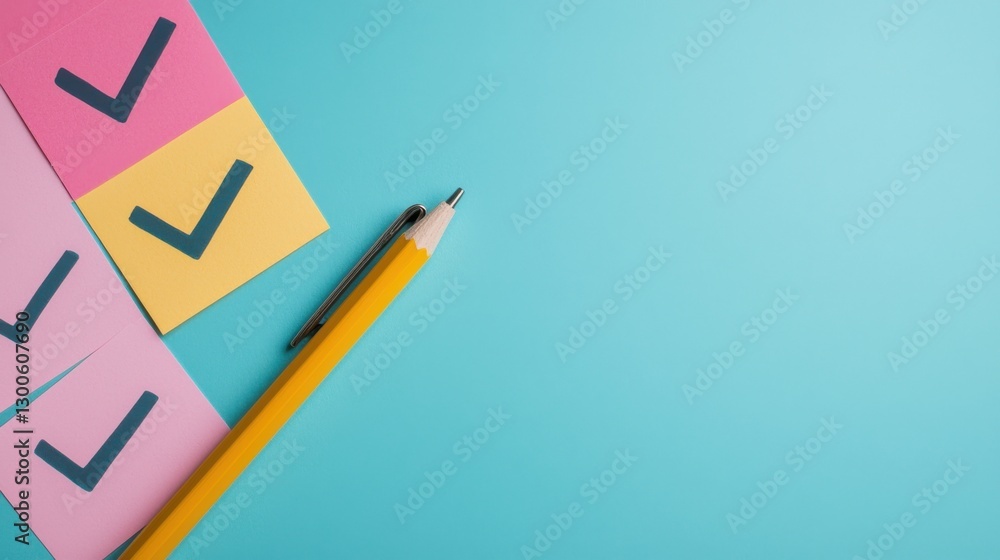 Poster check mark infographics concept. colorful sticky notes for remote work task tracking and productivit