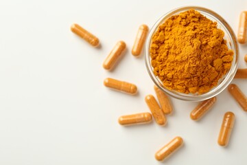 Turmeric capsules and powder on white background, flat lay. Space for text