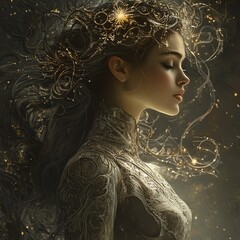  fantasy portrait of an elegant woman with intricate golden hair ornaments, eyes closed in serenity. A magical, ethereal artwork blending beauty and mystery in a dark, luminous atmosphere.