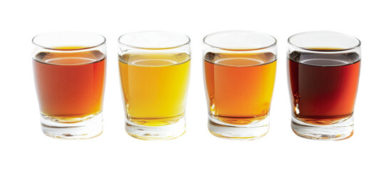 Variety of different colored beverages in glass cups showcasing distinct flavors and presentations for tasting experiences, cut out