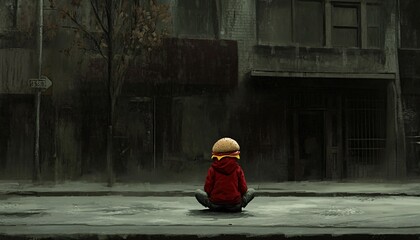 A person with a burger head sits on a sidewalk alone