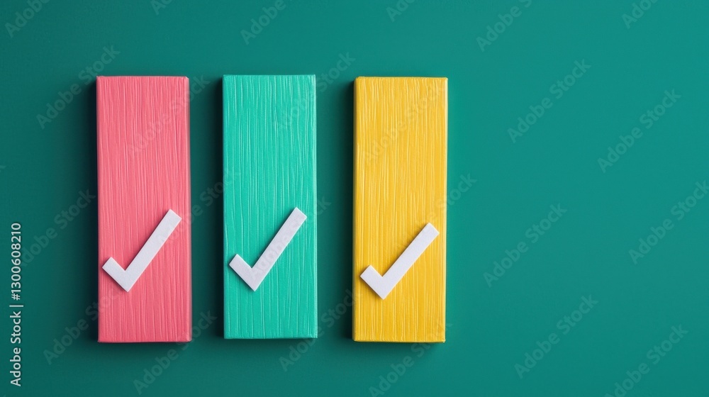 Poster check mark infographics concept. kanban style workflow infographic with colorful sticky notes and