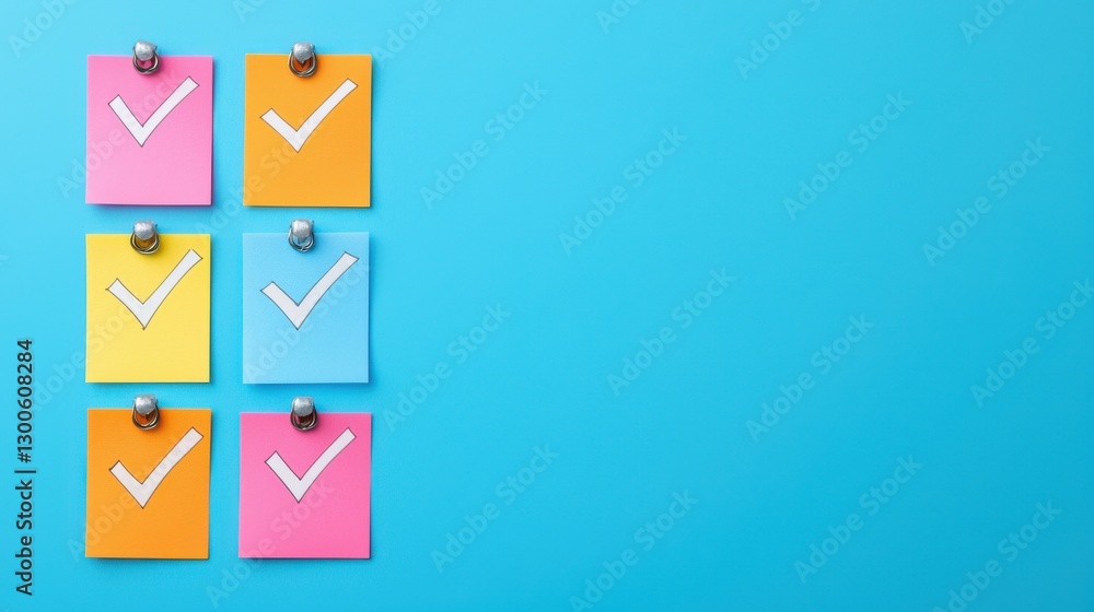 Poster minimalist kanban style workflow infographic with colorful sticky notes check mark infographics conc