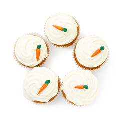 Delicious carrot cupcakes isolated on white, top view