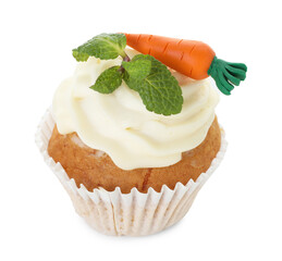 Delicious carrot cupcake with mint isolated on white