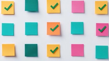 Minimalist Infographic with Colorful Sticky Note Checklist Check mark infographics concept.