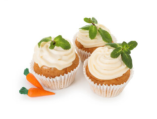 Delicious carrot cupcakes with mint isolated on white