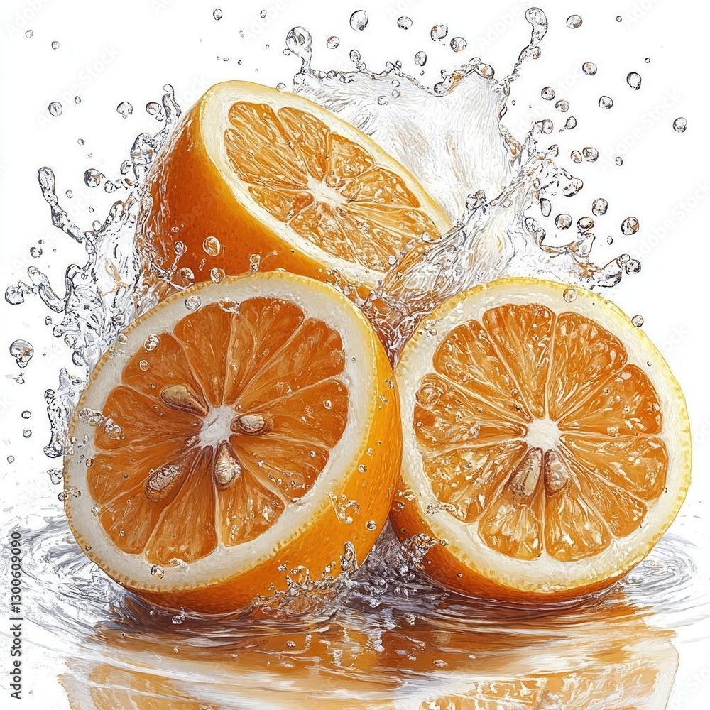 Poster freshly sliced oranges splashing in water, capturing vibrant citrus freshness and dynamic motion