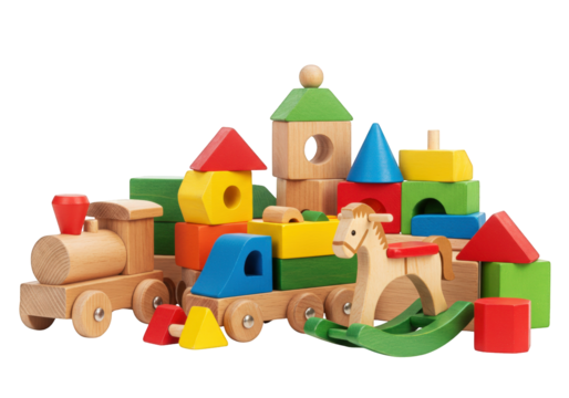 Colorful wooden toys isolated on transparent background