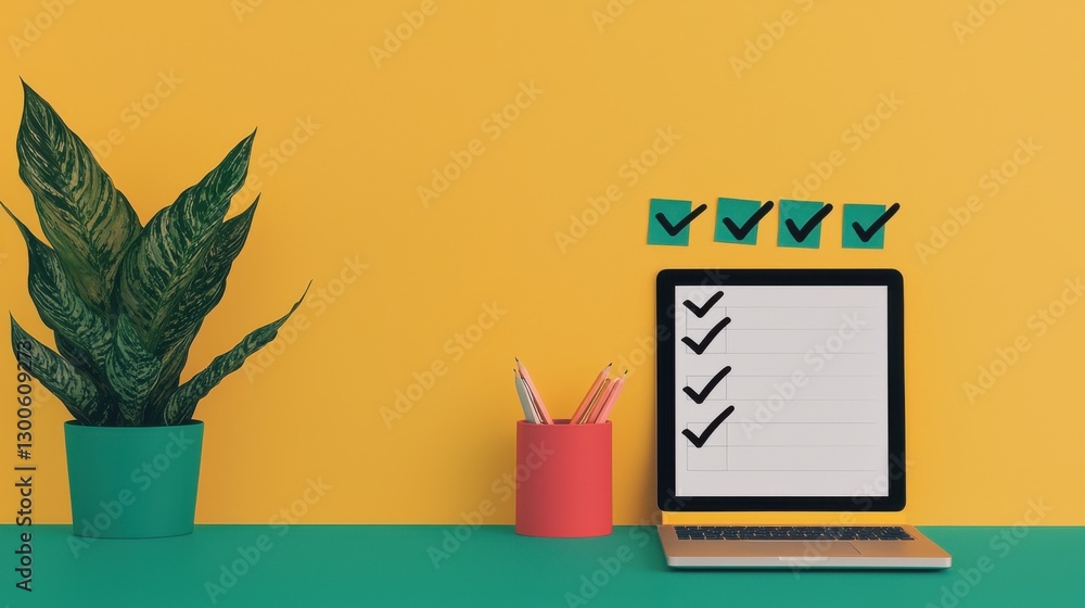 Poster check mark infographics concept. remote work task tracking infographic with sticky notes and office 