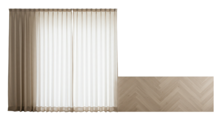 beige window curtain with wooden partition isolated on white.