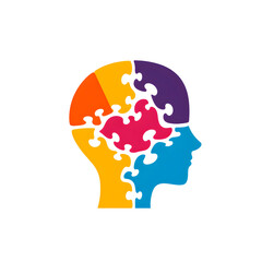Colorful human head silhouette composed of puzzle pieces, symbolizing autism awareness, neurodiversity, and cognitive diversity
