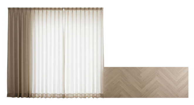 beige window curtain with wooden partition isolated on white.