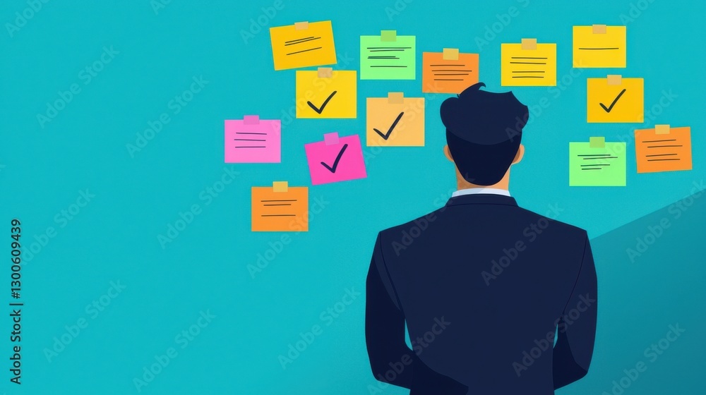 Poster check mark infographics concept. streamlined remote work task tracking with infographic sticky notes
