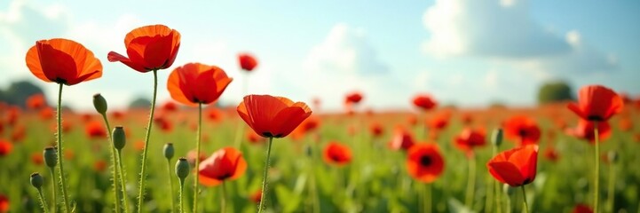 Naklejka premium Tall red poppy stalks swaying gently in the breeze,, wildflower field