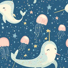 Ethereal Narwhal in a Celestial Sea of Stars with Jellyfish