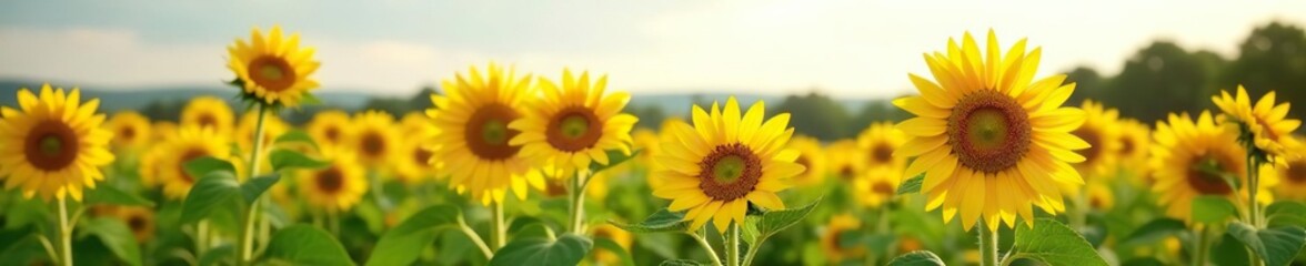 Tall sunflowers sway gently in the breeze with leaves, field, blooming, leaves