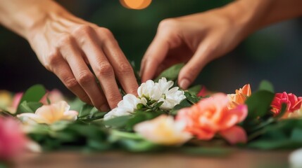 Mindful living and wellness concept. Hands arranging colorful flowers on a table, creating a beautiful floral display.