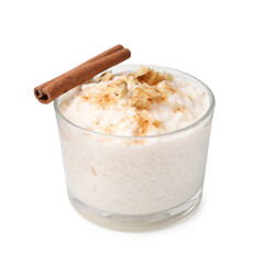 Tasty rice pudding with cinnamon and nuts in glass bowl isolated on white