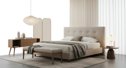 Modern bedroom interior with bedside table, mattress and lights over beige rug. 