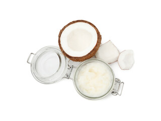 Cooking oil and pieces of coconut isolated on white, top view