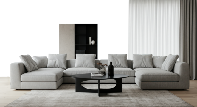 Interior of living room with grey sofa, coffee table and wooden shelve with curtain.