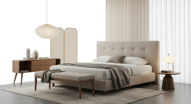 Modern bedroom interior with bedside table, mattress and lights over beige rug. 