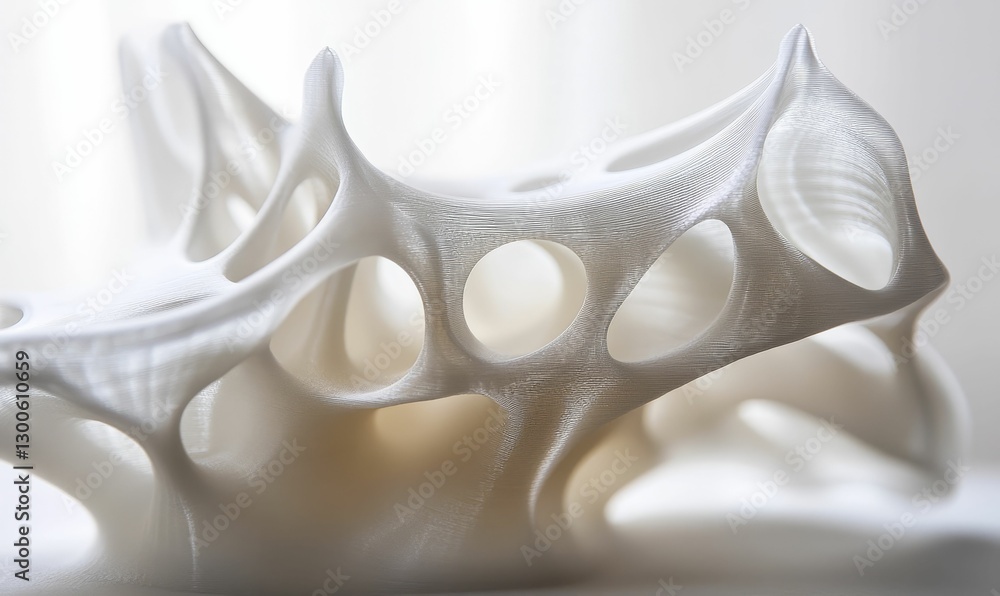 Poster abstract white structure with organic shapes and circular openings.