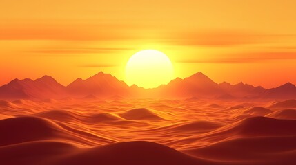 Majestic sunset over rolling sand dunes desert landscape digital art warm colors panoramic view tranquility and beauty