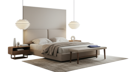 Modern bedroom interior with bedside table, mattress and lights over beige rug. 
