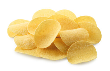 Many tasty potato chips isolated on white