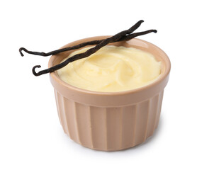 Tasty vanilla pudding and pods isolated on white