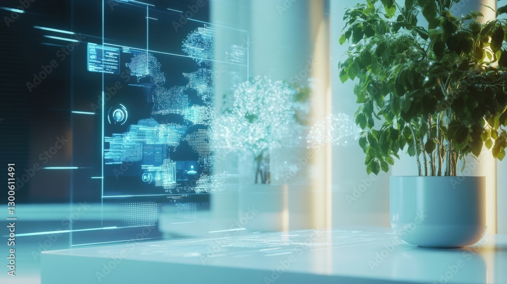 Poster futuristic smart home system utilizing augmented reality holographic interface for analyzing plant h