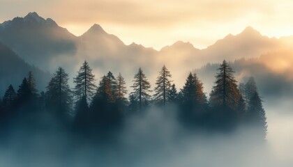 Obraz premium Misty Mountain Sunrise Landscape with Evergreen Trees