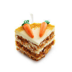 Piece of delicious homemade carrot cake and server isolated on white