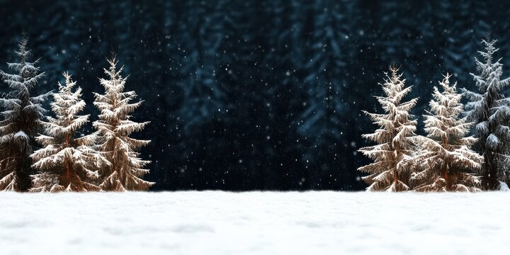 Tranquil winter night with snow-draped fir trees against a deep, dark forest, exuding serene peace. - Powered by Adobe