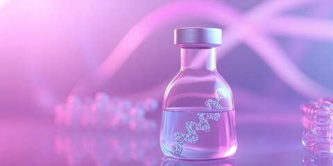 Translucent bottle with glitter liquid on purple background. Modern science and biotechnology concept for banner, flyer, poster, card