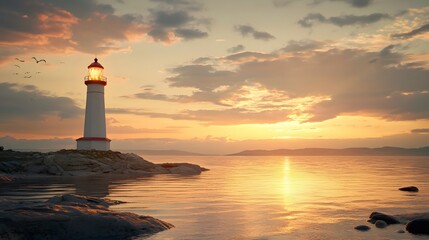 Fototapeta premium Lighthouse at sunset coastal landscape scenic photography tranquil waters serene viewpoint nature's beauty