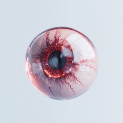 Realistic human eye with red veins. Halloween concept. Close-up on light blue. Banner, poster, flyer